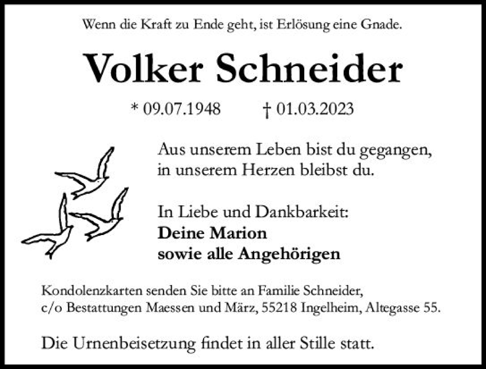  Traueranzeige für Volker Schneider vom 11.03.2023 aus Allgemeine Zeitung Bingen/Ingelheim