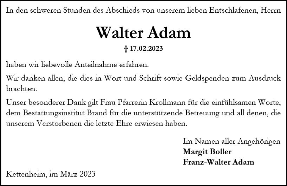  Traueranzeige für Walter Adam vom 25.03.2023 aus Allgemeine Zeitung Alzey