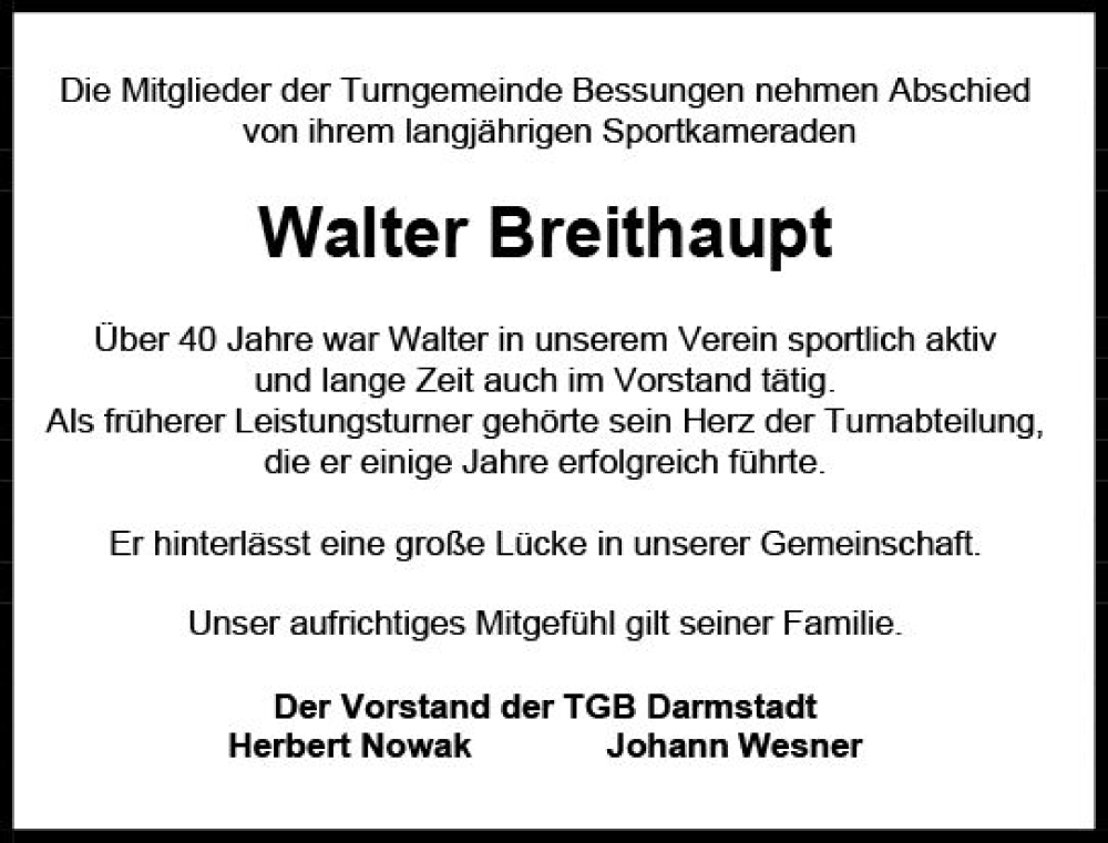  Traueranzeige für Walter Breithaupt vom 11.03.2023 aus Darmstädter Echo