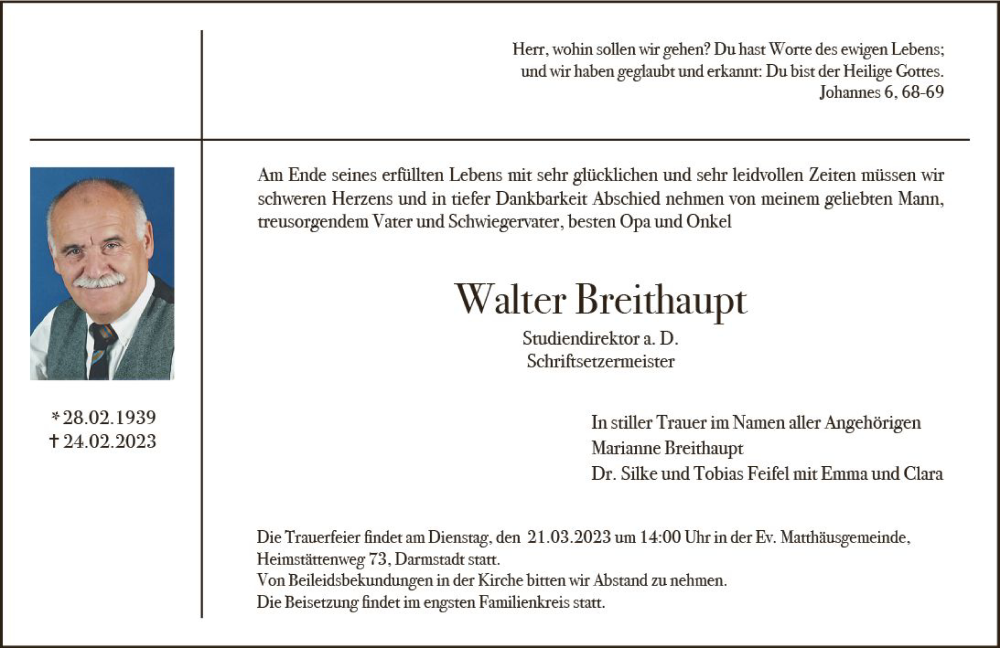  Traueranzeige für Walter Breithaupt vom 04.03.2023 aus Darmstädter Echo