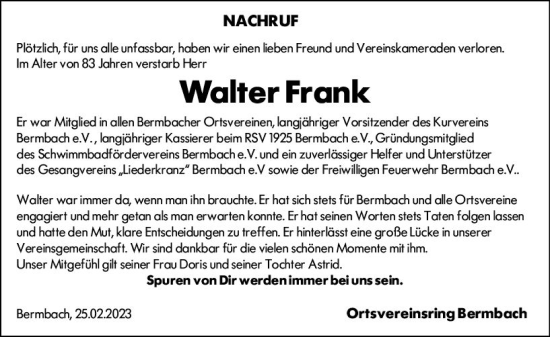 Traueranzeige von Walter Frank von Weilburger Tageblatt