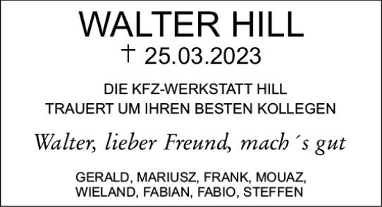 Traueranzeige von Walter Hill von Darmstädter Echo