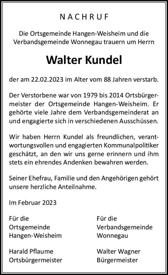 Traueranzeige von Walter Kundel von Allgemeine Zeitung Alzey