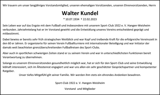 Traueranzeige von Walter Kundel von Allgemeine Zeitung Alzey