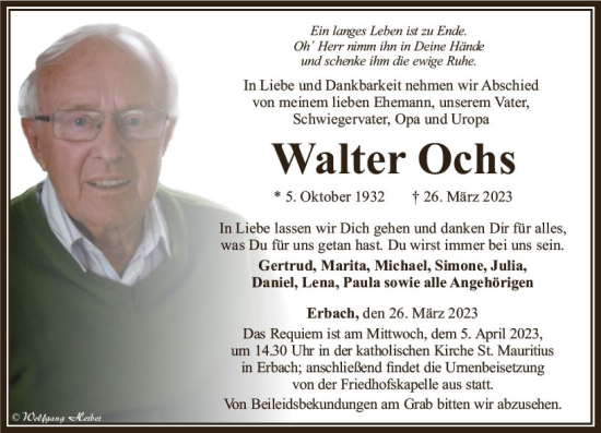 Traueranzeige von Walter Ochs von Camberger Anzeiger