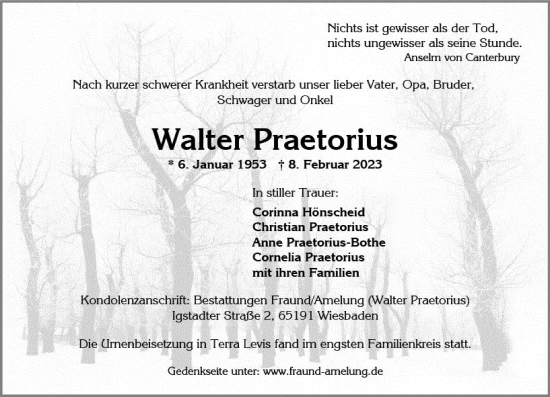 Traueranzeige von Walter Praetorius von Wiesbadener Kurier