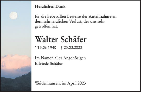 Traueranzeige von Walter Schäfer von Hinterländer Anzeiger
