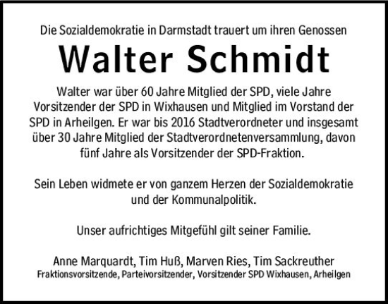 Traueranzeige von Walter Schmidt von Darmstädter Echo
