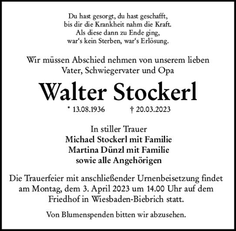  Traueranzeige für Walter Stockerl vom 25.03.2023 aus Wiesbadener Kurier