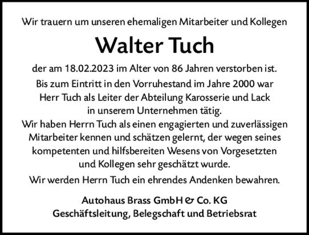  Traueranzeige für Walter Tuch vom 11.03.2023 aus Darmstädter Echo
