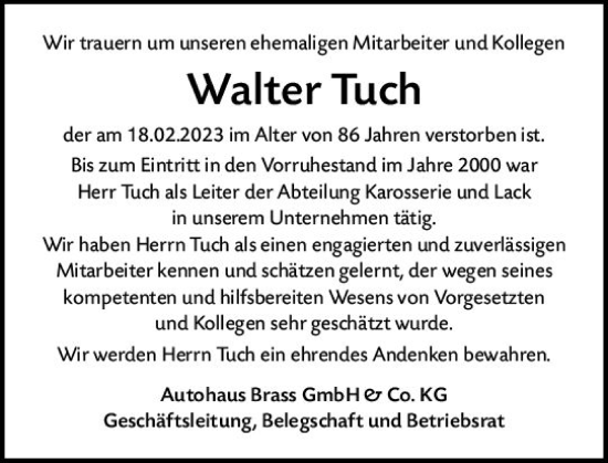 Traueranzeige von Walter Tuch von Darmstädter Echo