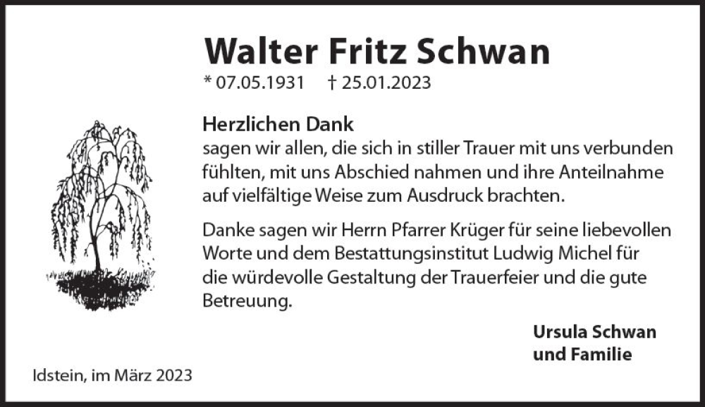  Traueranzeige für Walter Fritz Schwan vom 11.03.2023 aus Idsteiner Land/Untertaunus