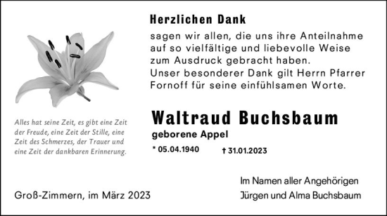 Traueranzeige von Waltraud Buchsbaum von Dieburger Anzeiger/Groß-Zimmerner Lokal-Anzeiger