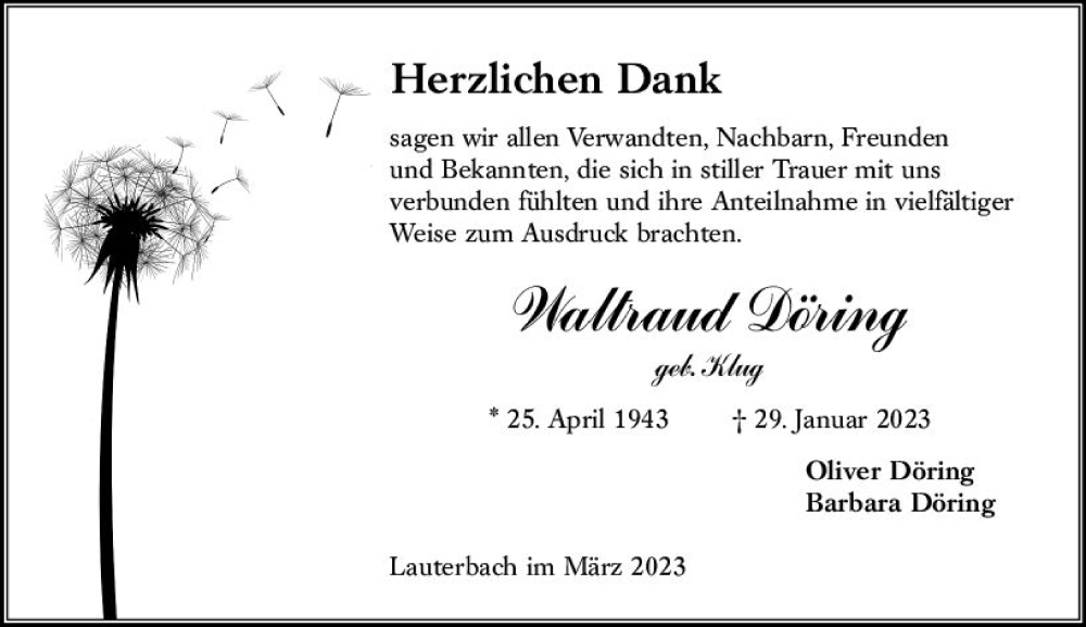  Traueranzeige für Waltraud Döring vom 11.03.2023 aus Oberhessen Kurier