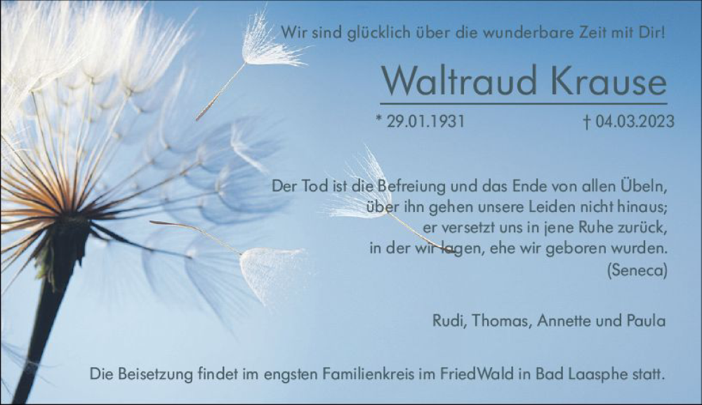  Traueranzeige für Waltraud Krause vom 07.03.2023 aus Hinterländer Anzeiger