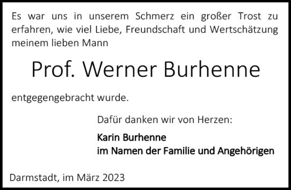  Traueranzeige für Werner Burhenne vom 18.03.2023 aus Darmstädter Echo