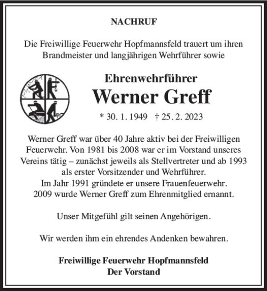Traueranzeige von Werner Greff von VRM Trauer
