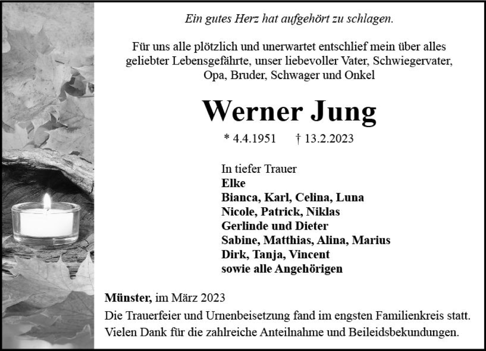  Traueranzeige für Werner Jung vom 09.03.2023 aus Camberger Anzeiger