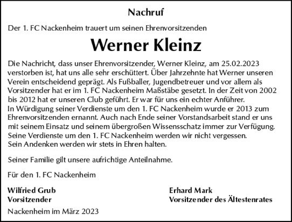  Traueranzeige für Werner Kleinz vom 08.03.2023 aus Allgemeine Zeitung Mainz