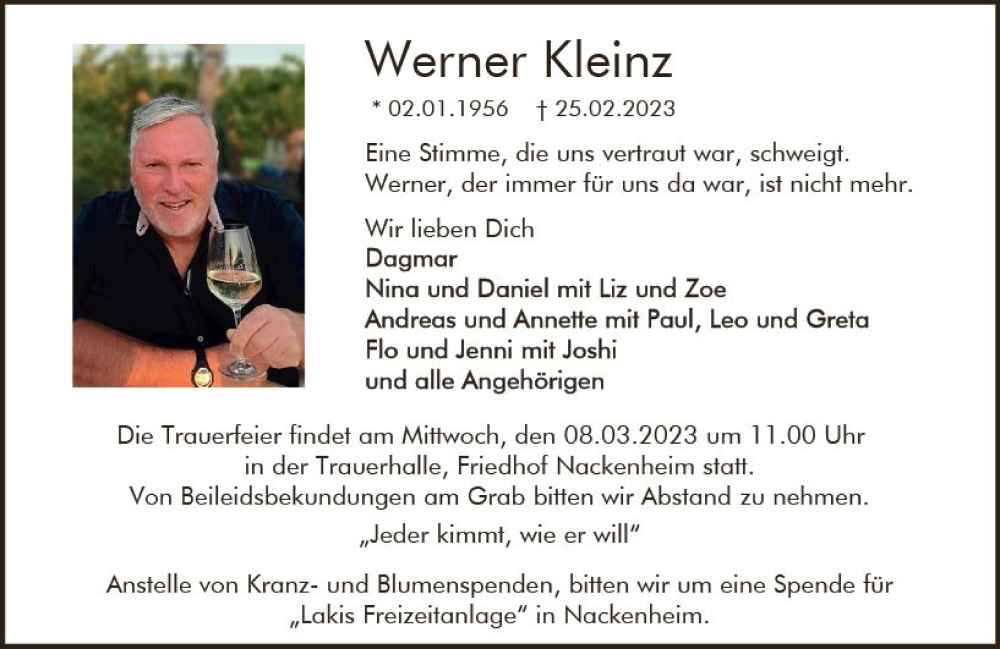 Traueranzeige für Werner Kleinz vom 04.03.2023 aus Allgemeine Zeitung Mainz