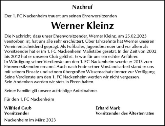 Traueranzeige von Werner Kleinz von Allgemeine Zeitung Mainz