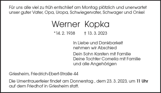 Traueranzeige von Werner Kopka von Darmstädter Echo