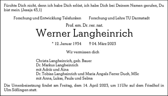 Traueranzeige von Werner Langheinrich von Darmstädter Echo