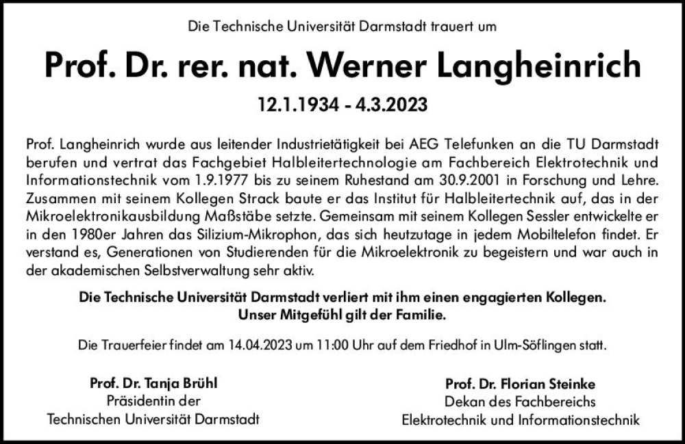  Traueranzeige für Werner Langheinrich vom 10.03.2023 aus Darmstädter Echo
