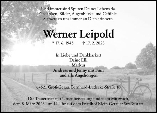 Traueranzeige von Werner Leipold von Groß-Gerauer Echo