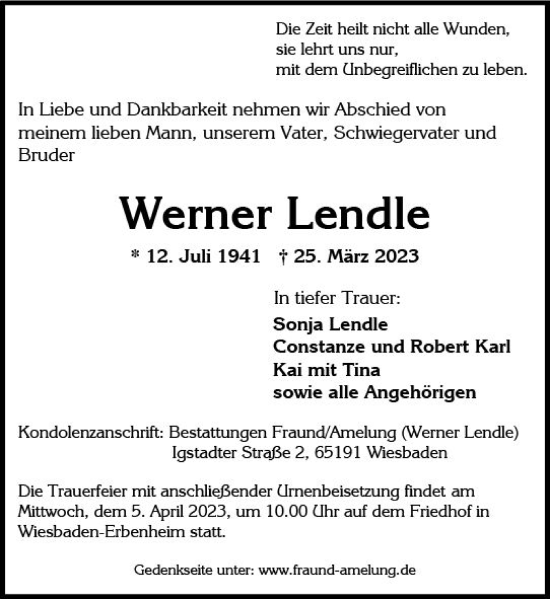 Traueranzeige von Werner Lendle von Wiesbadener Kurier