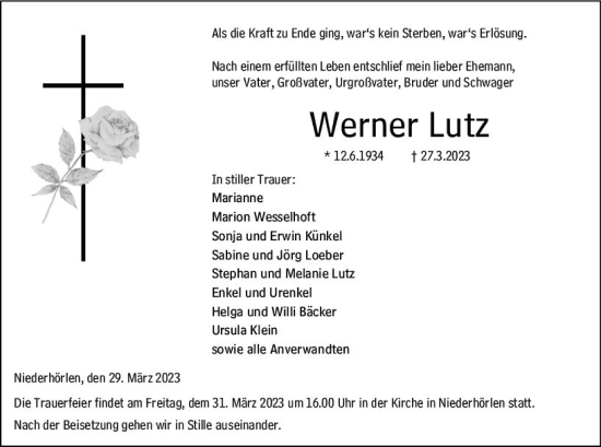 Traueranzeige von Werner Lutz von Hinterländer Anzeiger