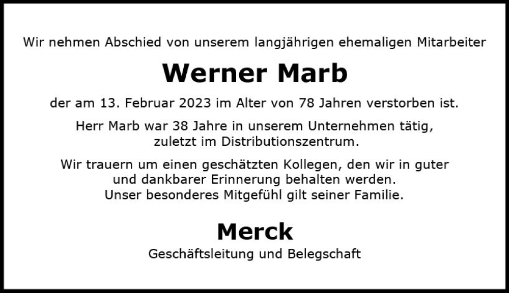  Traueranzeige für Werner Marb vom 25.03.2023 aus Darmstädter Echo