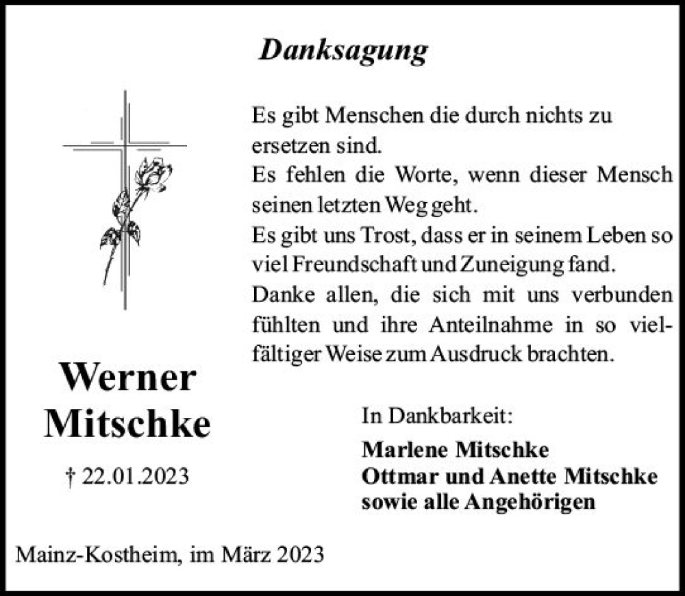  Traueranzeige für Werner Mitschke vom 04.03.2023 aus Allgemeine Zeitung Mainz