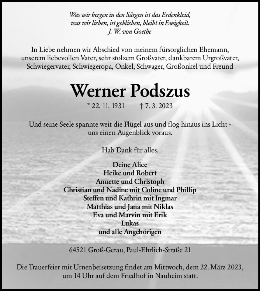  Traueranzeige für Werner Podszus vom 11.03.2023 aus Groß-Gerauer Echo