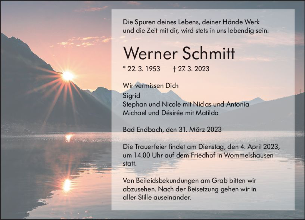  Traueranzeige für Werner Schmitt vom 31.03.2023 aus Hinterländer Anzeiger