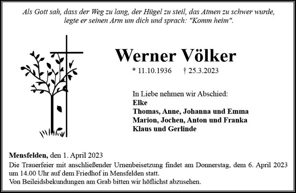  Traueranzeige für Werner Völker vom 01.04.2023 aus Nassauische Neue Presse