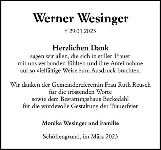 Traueranzeige von Werner Wesinger von Wetzlarer Neue Zeitung