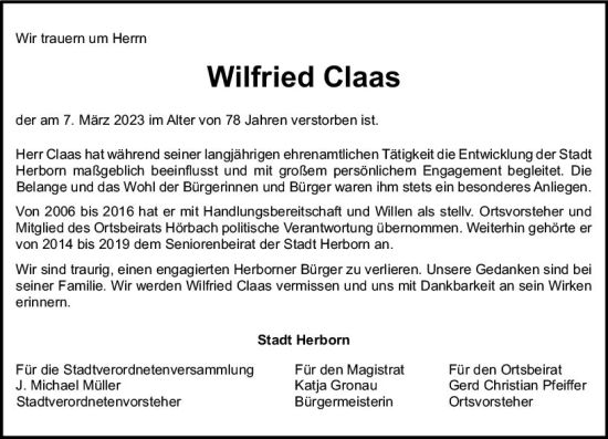 Traueranzeige von Wilfried Claas von Dill Block