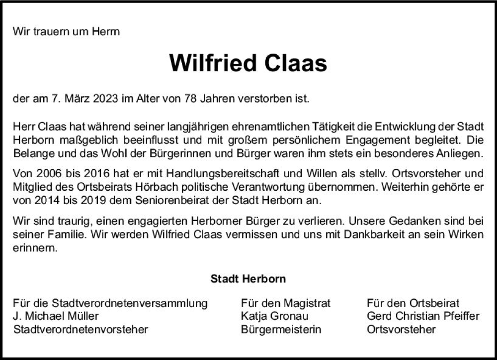  Traueranzeige für Wilfried Claas vom 10.03.2023 aus Dill Block