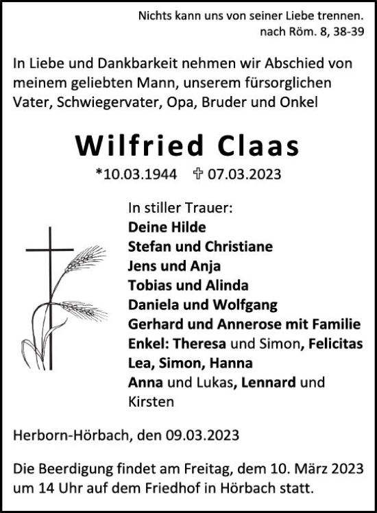 Traueranzeige von Wilfried Claas von Dill Block