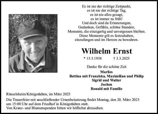 Traueranzeige von Wilhelm Ernst von Rüsselsheimer Echo