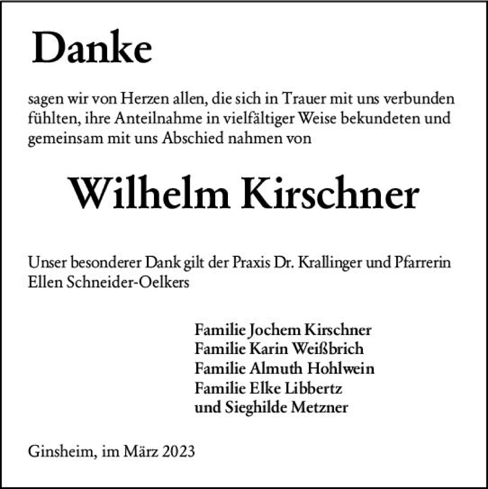  Traueranzeige für Wilhelm Kirschner vom 29.03.2023 aus Rüsselsheimer Echo
