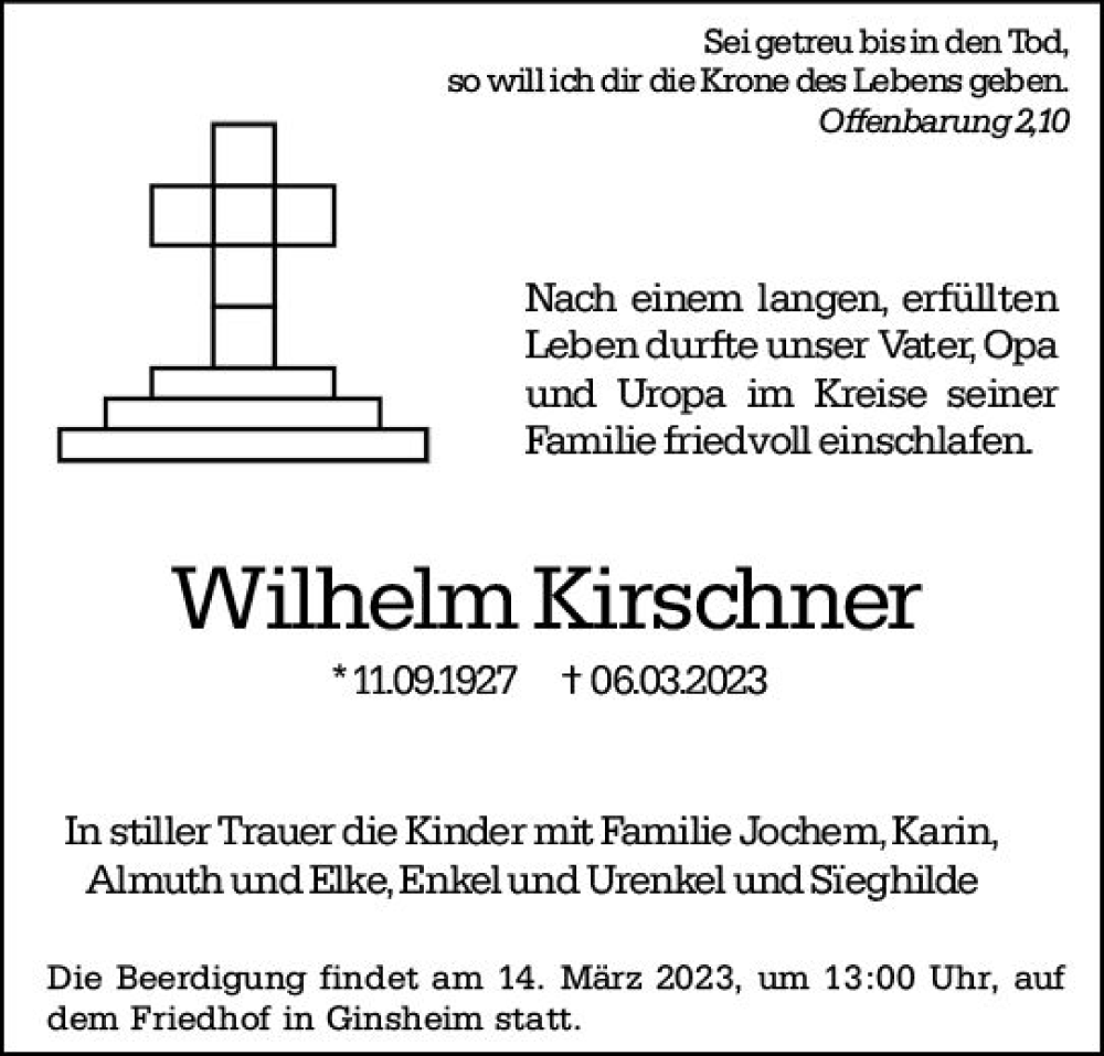  Traueranzeige für Wilhelm Kirschner vom 11.03.2023 aus Rüsselsheimer Echo