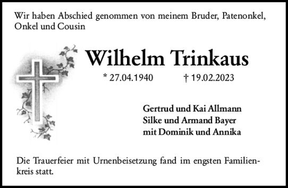  Traueranzeige für Wilhelm Trinkaus vom 11.03.2023 aus Odenwälder Echo