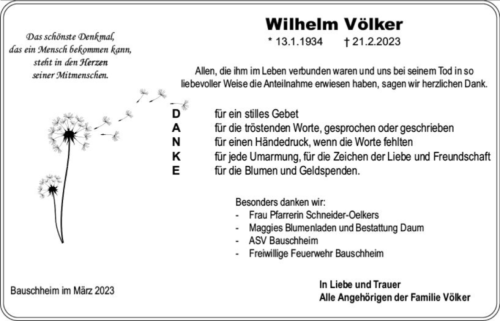  Traueranzeige für Wilhelm Völker vom 25.03.2023 aus Rüsselsheimer Echo