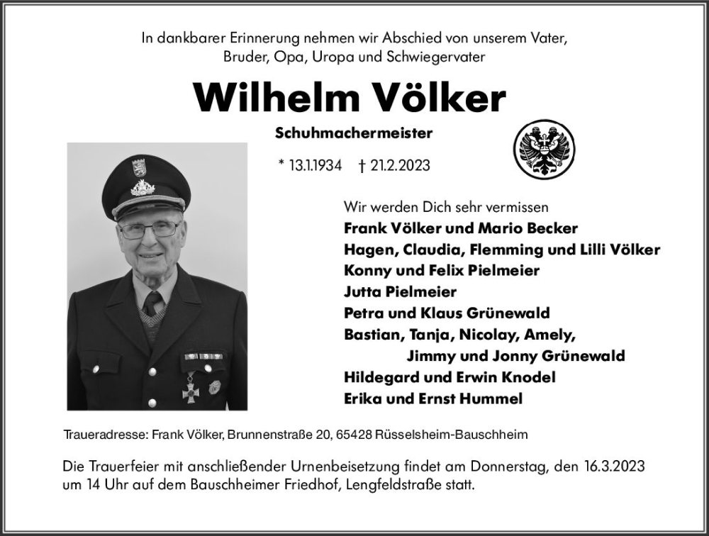  Traueranzeige für Wilhelm Völker vom 11.03.2023 aus Rüsselsheimer Echo