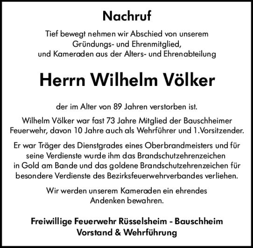  Traueranzeige für Wilhelm Völker vom 15.03.2023 aus Wochenblick Mainspitze