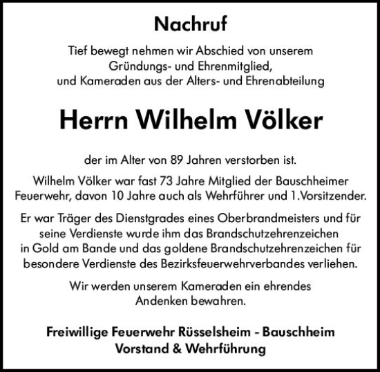 Traueranzeige von Wilhelm Völker von Wochenblick Mainspitze