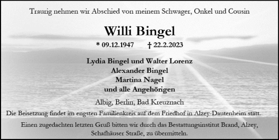Traueranzeige von Willi Bingel von Allgemeine Zeitung Alzey