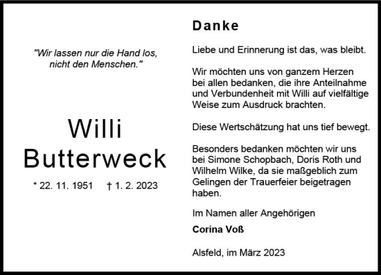 Traueranzeige von Willi Butterweck von Oberhessen Kurier